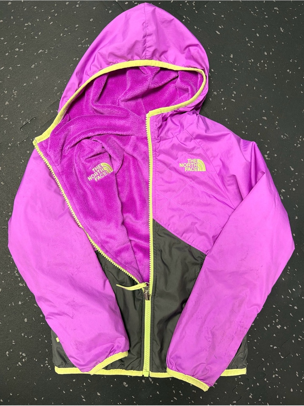 The North Face Girls' Hooded Jacket - Bright Purple with Black & Yellow Accents
